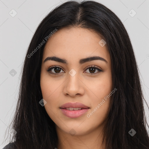 Joyful latino young-adult female with long  brown hair and brown eyes