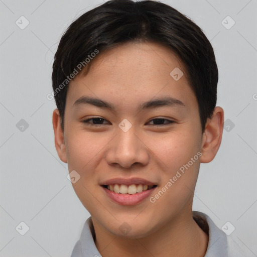 Joyful asian young-adult female with short  brown hair and brown eyes