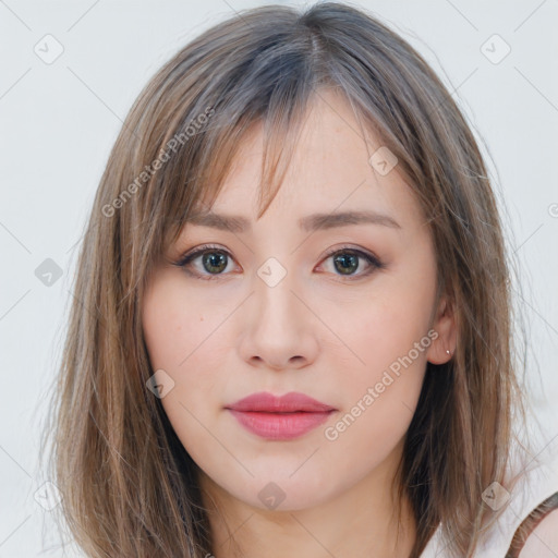 Neutral white young-adult female with medium  brown hair and grey eyes