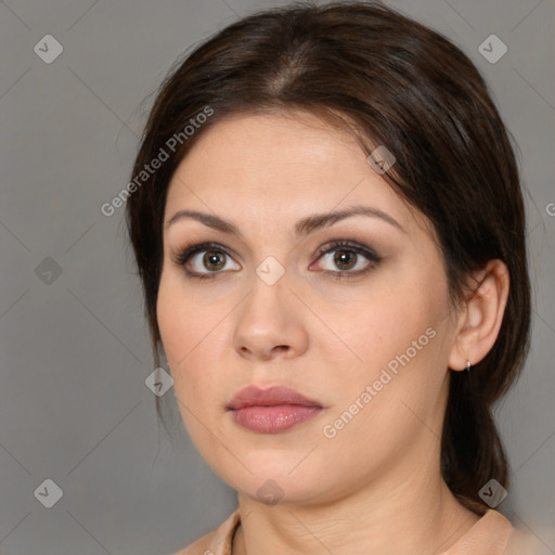 Neutral white young-adult female with medium  brown hair and brown eyes