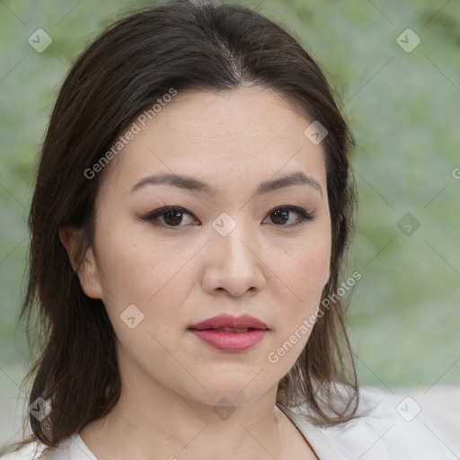 Neutral white young-adult female with medium  brown hair and brown eyes