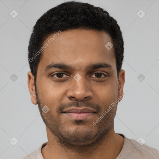 Neutral latino young-adult male with short  black hair and brown eyes