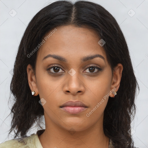 Neutral black young-adult female with long  brown hair and brown eyes