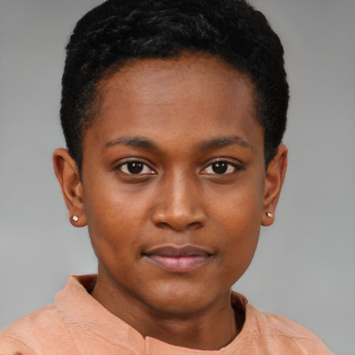 Neutral black young-adult female with short  brown hair and brown eyes