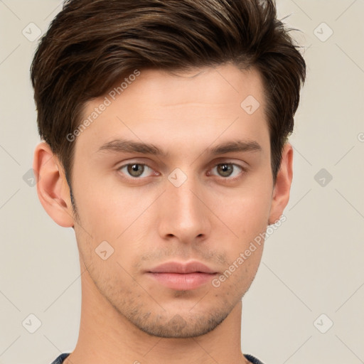 Neutral white young-adult male with short  brown hair and brown eyes