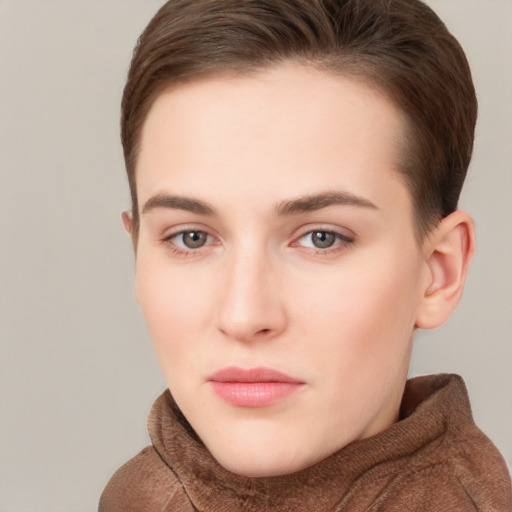 Neutral white young-adult female with short  brown hair and brown eyes