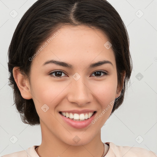 Joyful white young-adult female with medium  brown hair and brown eyes