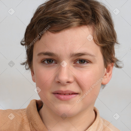 Joyful white child female with medium  brown hair and brown eyes