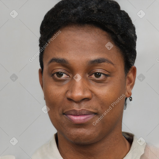 Joyful black young-adult female with short  black hair and brown eyes