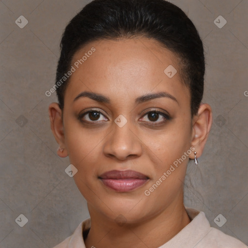 Joyful latino young-adult female with short  brown hair and brown eyes
