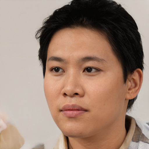 Neutral asian young-adult female with short  black hair and brown eyes