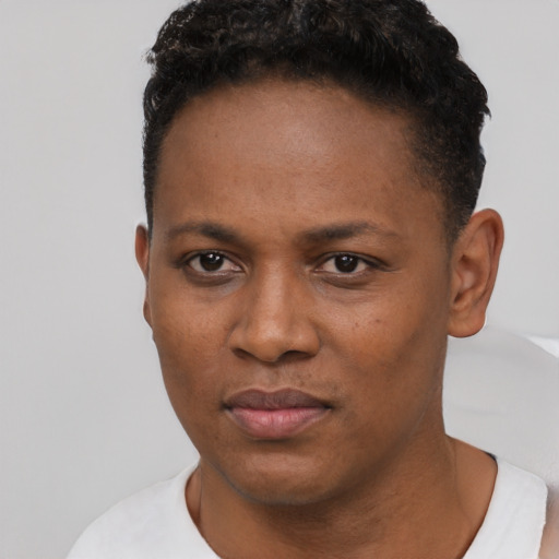 Neutral black young-adult female with short  black hair and brown eyes