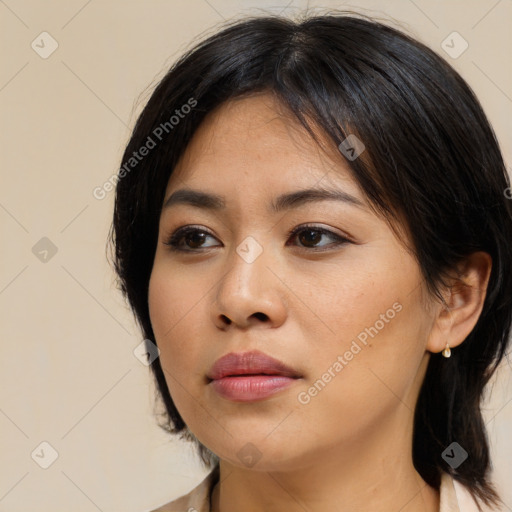 Neutral asian young-adult female with medium  brown hair and brown eyes