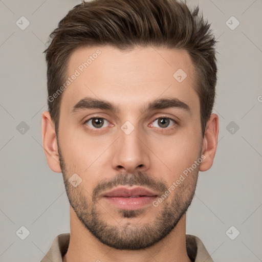 Neutral white young-adult male with short  brown hair and brown eyes