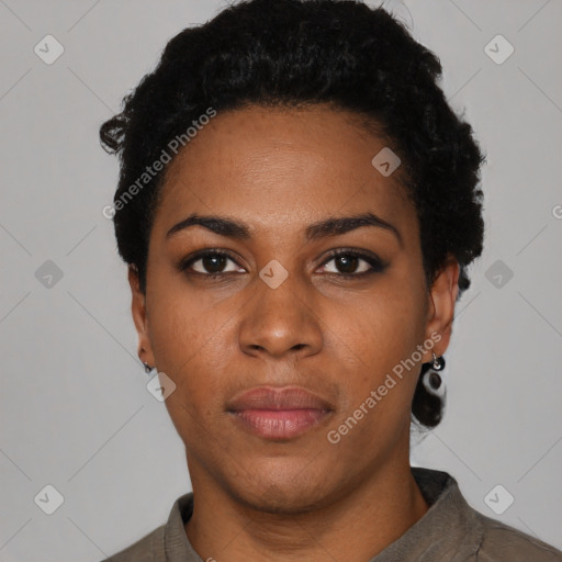 Neutral black young-adult female with short  black hair and brown eyes