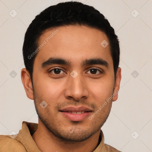 Joyful latino young-adult male with short  black hair and brown eyes