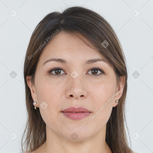 Joyful white young-adult female with long  brown hair and grey eyes