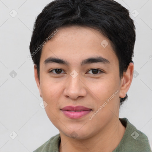 Joyful asian young-adult male with short  brown hair and brown eyes