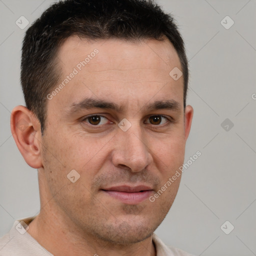 Joyful white adult male with short  brown hair and brown eyes