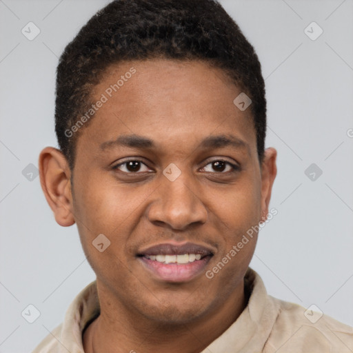 Joyful latino young-adult male with short  brown hair and brown eyes