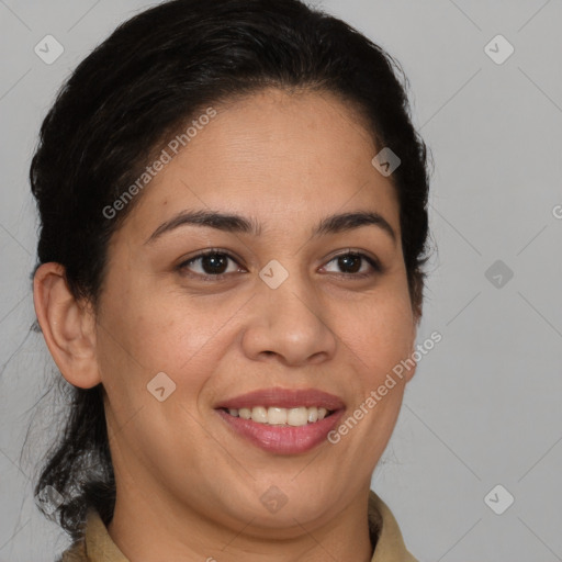 Joyful latino young-adult female with short  brown hair and brown eyes