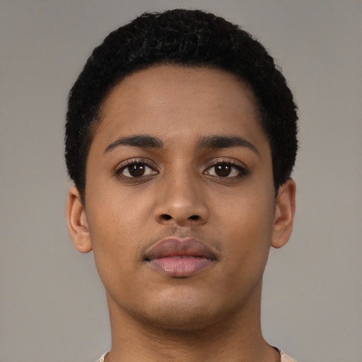 Neutral latino young-adult female with short  black hair and brown eyes