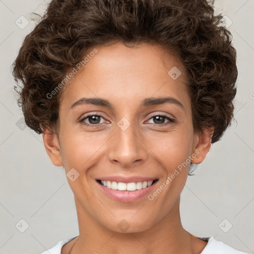 Joyful white young-adult female with short  brown hair and brown eyes