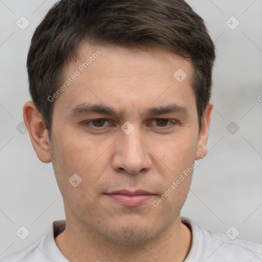 Neutral white young-adult male with short  brown hair and brown eyes