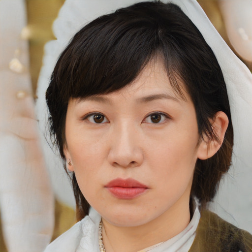 Neutral white young-adult female with medium  brown hair and brown eyes