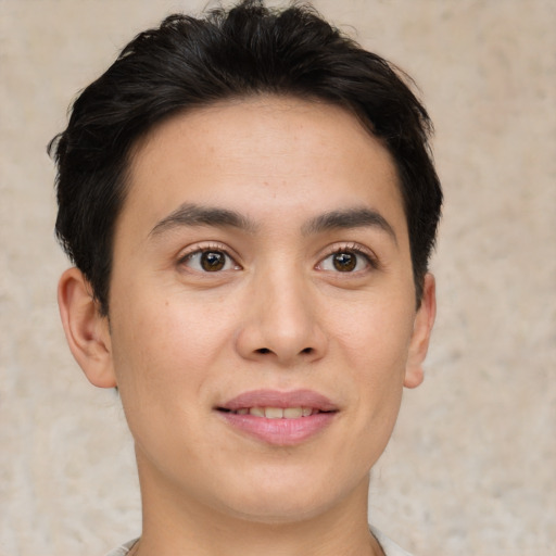 Joyful asian young-adult male with short  brown hair and brown eyes