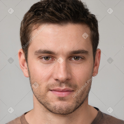 Neutral white young-adult male with short  brown hair and brown eyes