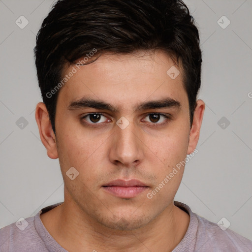 Neutral white young-adult male with short  brown hair and brown eyes