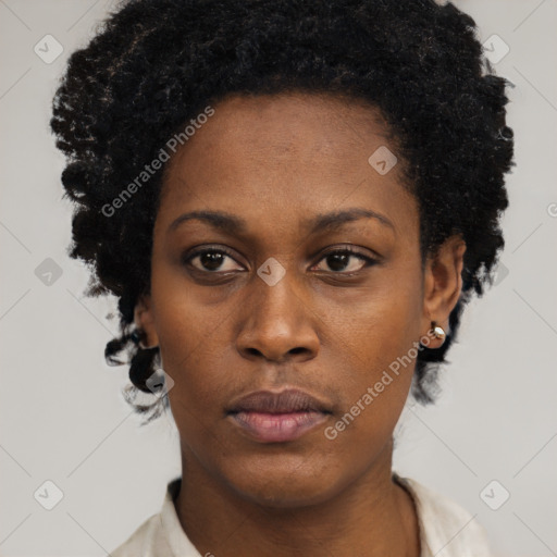 Neutral black young-adult female with short  black hair and brown eyes