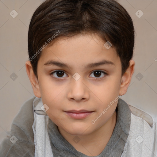 Joyful white child female with short  brown hair and brown eyes