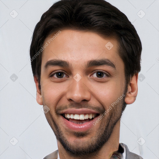 Joyful white young-adult male with short  black hair and brown eyes