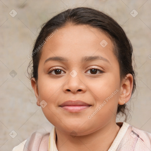 Joyful white child female with medium  brown hair and brown eyes