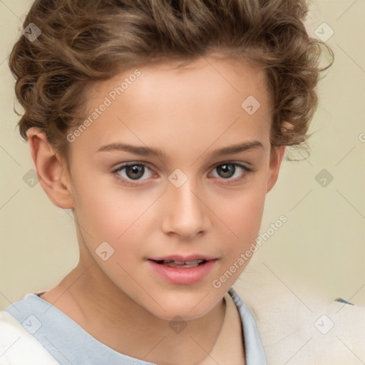 Joyful white child female with short  brown hair and brown eyes