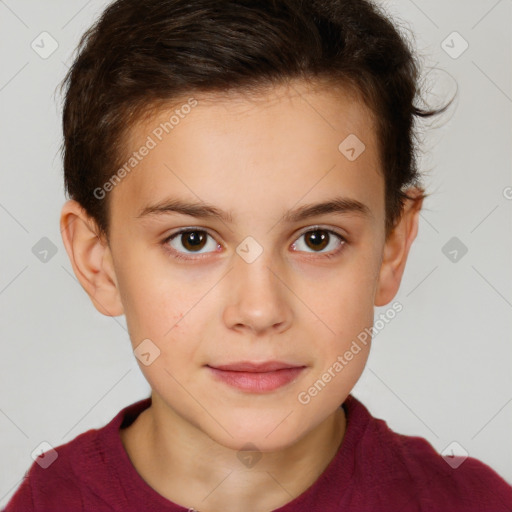 Joyful white child female with short  brown hair and brown eyes