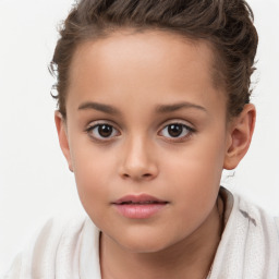 Joyful white child female with short  brown hair and brown eyes