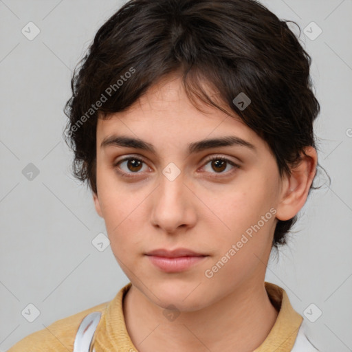 Neutral white young-adult female with medium  brown hair and brown eyes