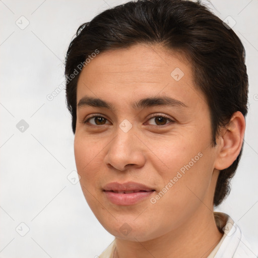 Joyful white young-adult female with short  brown hair and brown eyes