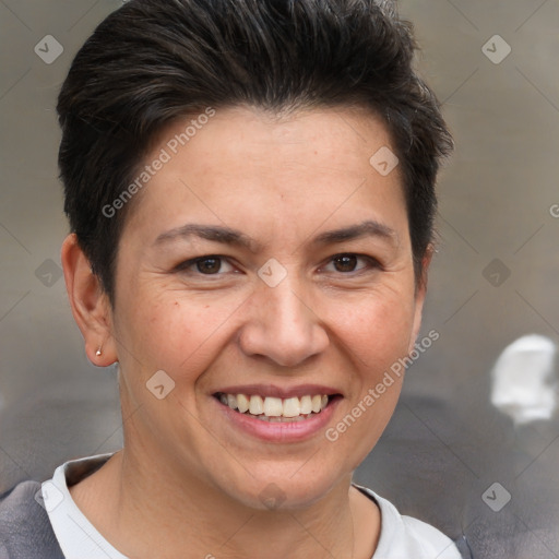 Joyful white adult female with short  brown hair and brown eyes