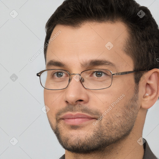 Neutral white young-adult male with short  brown hair and brown eyes