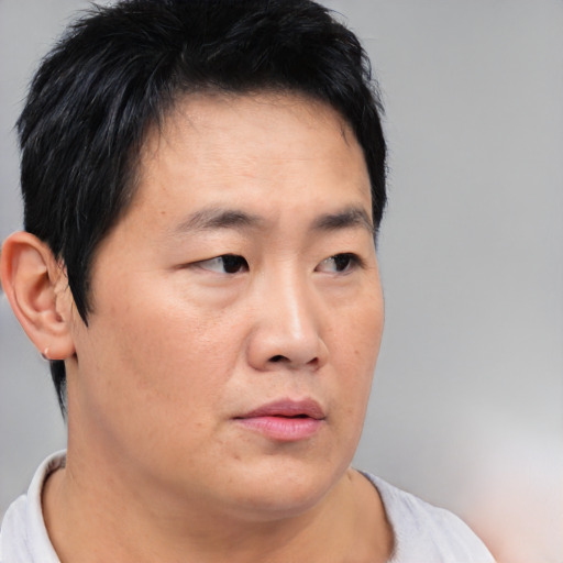 Neutral asian young-adult male with short  black hair and brown eyes