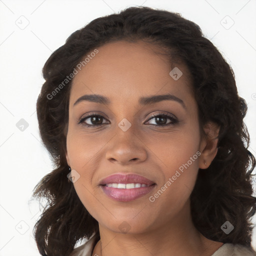 Joyful latino young-adult female with long  brown hair and brown eyes