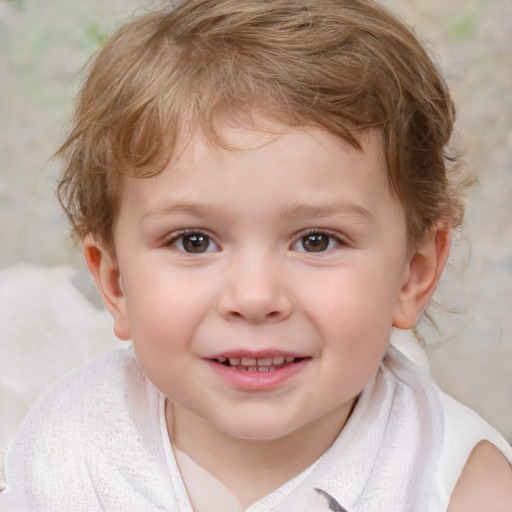 Joyful white child female with medium  brown hair and blue eyes