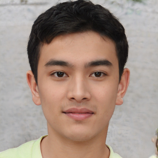 Neutral asian young-adult male with short  black hair and brown eyes