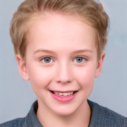 Joyful white child female with short  brown hair and blue eyes