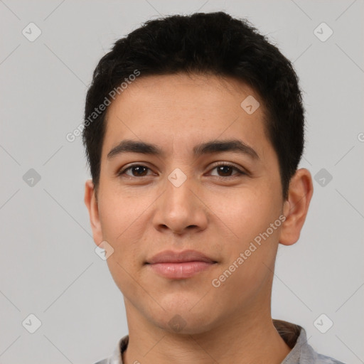 Neutral latino young-adult male with short  black hair and brown eyes