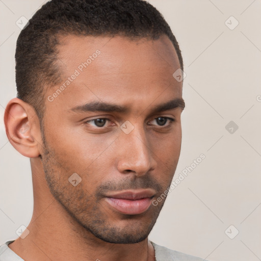 Neutral white young-adult male with short  brown hair and brown eyes